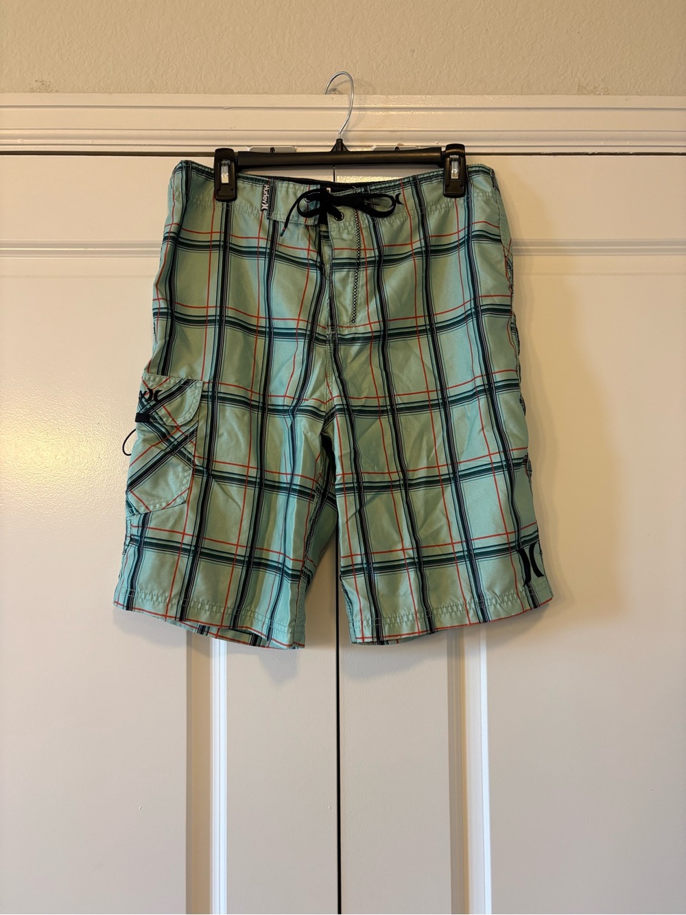 Hurley Mint Plaid Board Shorts with Cargo Pocket